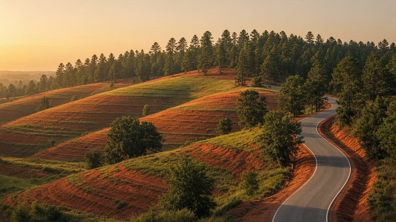 Georgia pines and rolling hills at sunset
